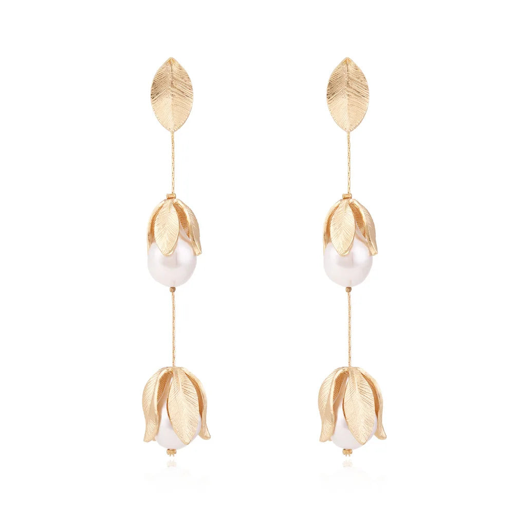 Zvoijio Temperament Long Pearl Flower Earrings Gold Color Leaf Tassel Earrings Wholesale