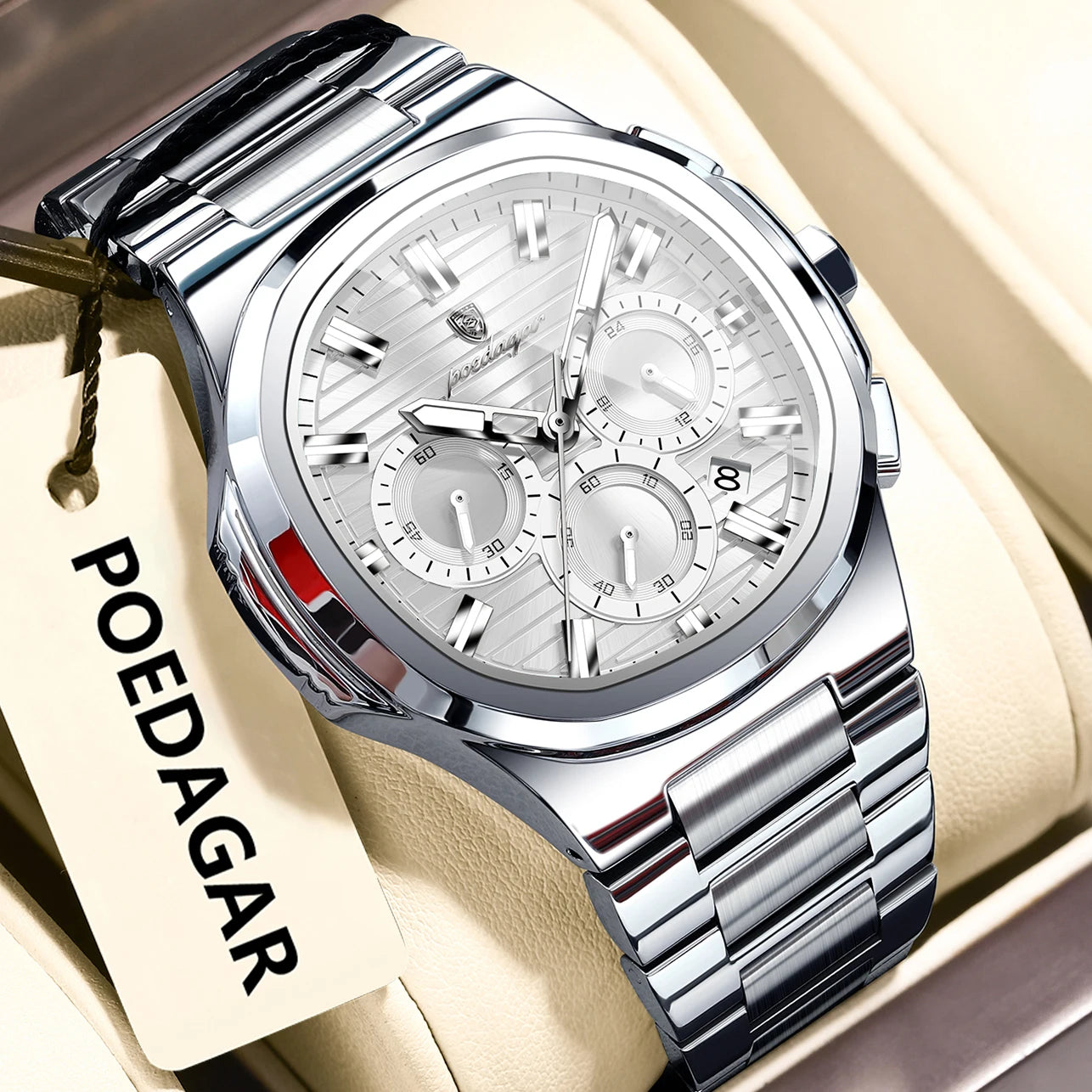POEDAGAR Business Man Wristwatch Date Chronograph Waterproof Luminous Luxury Men Watch Stainless Steel Quartz Men's Watches Male - Madeinsea©