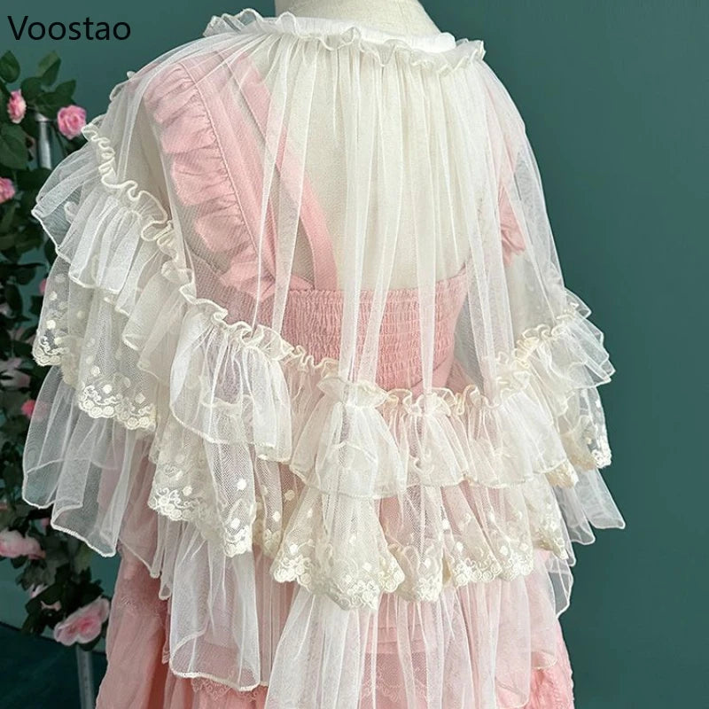 Kurzer Lolita-Schalmantel für Damen, süßer Kawaii-Poncho aus Spitze und Netzgewebe mit offener Vorderseite, Gothic-Stil, Retro-Look, niedlicher Prinzessinnen-Umhang, Cardigan, Oberbekleidung