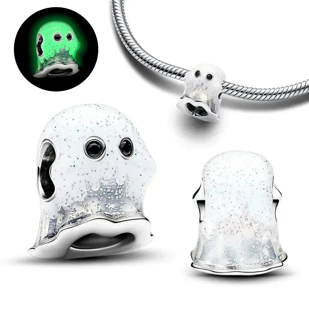 Halloween 925 Sterling Silver Skull Charm Luminous Pumpkin Bat Ghost Coffin Bead Pendant Ring Necklace Bracelet DIY Jewelry Gift