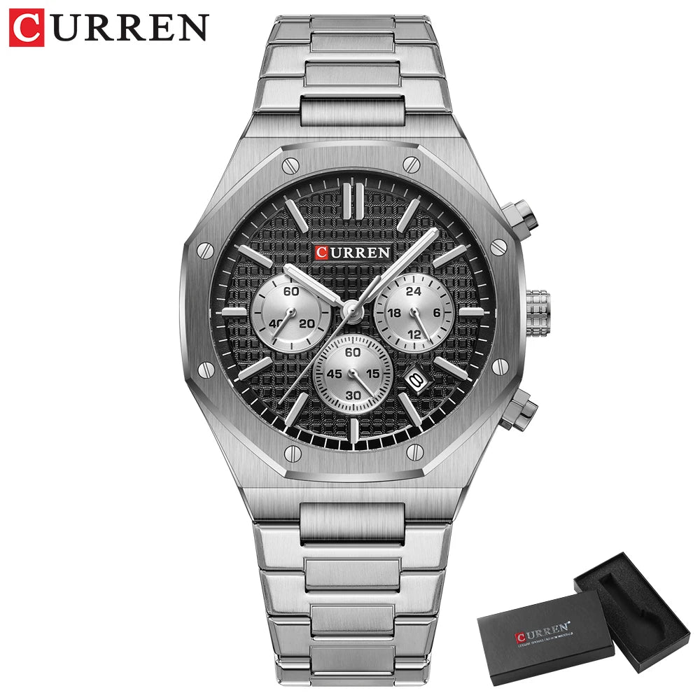 CURREN Fashion Casual Stainless Steel Band Quartz Wristwatches with Chronograph Waterproof Men's Watches