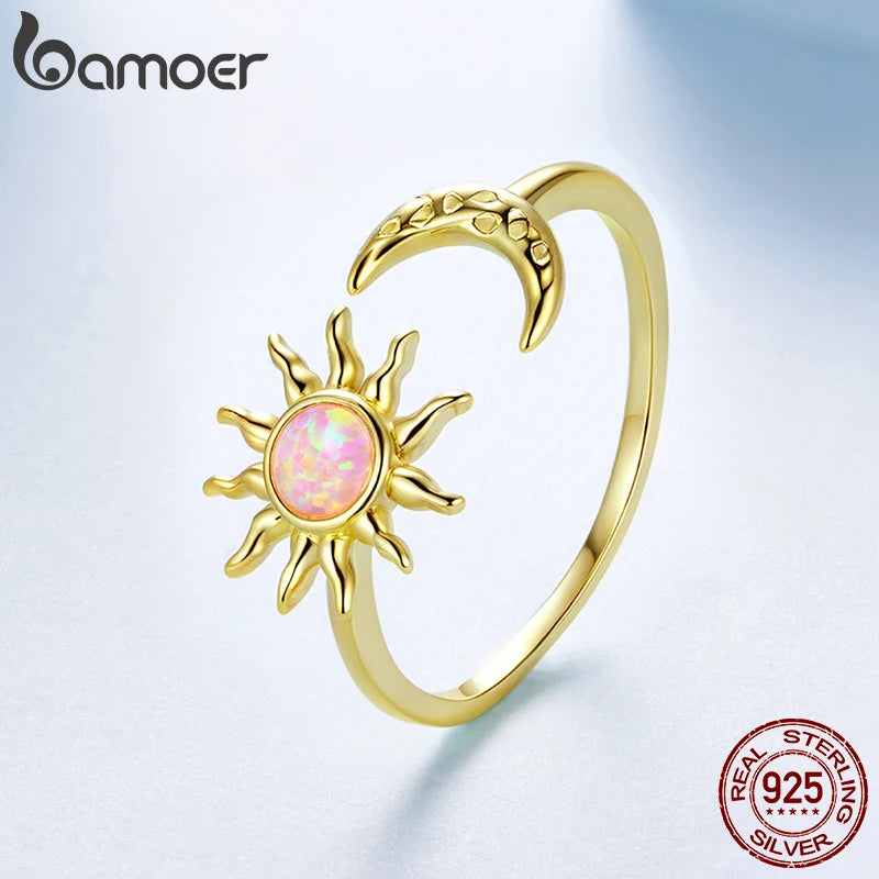 Bamoer 925 Sterling Silver 18K Gold Sun God Open Ring Adjusable Hollowed Circle Ring for Women Girls Lucky Daily Birthday Gift