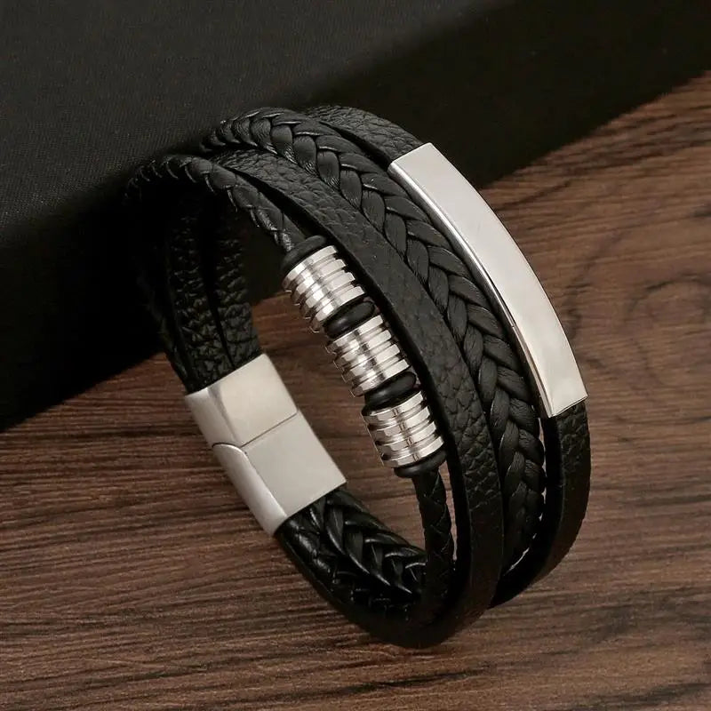 Multilayer Stainless Steel Insert Bracelet Viking Leather Bracelets for Men Punk Jewelry Homme Accessories custom logo