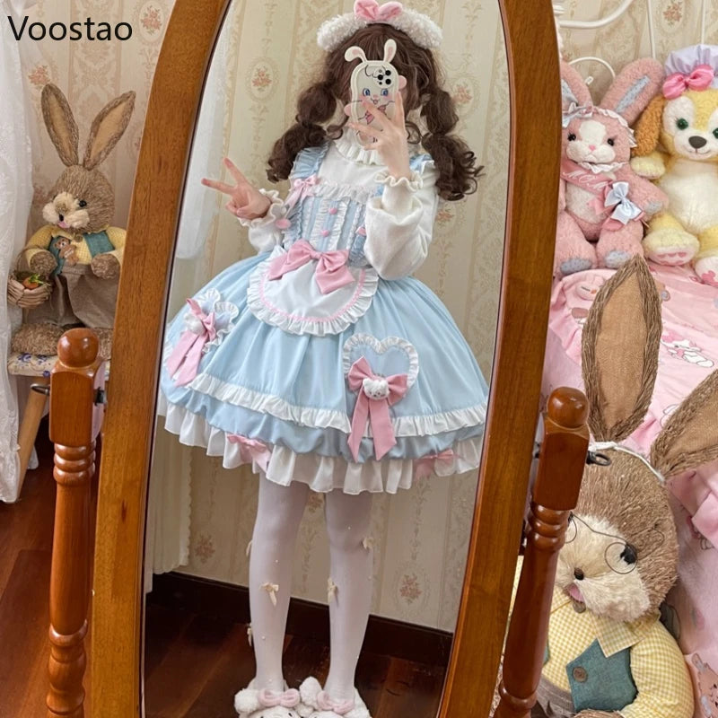 Japanese Sweet Lolita Jsk Dress Women Cute Blue Pink Bow Bear Lace Ruffles Sleeveless Dress Girls Kawaii Tea Party Mini Dress