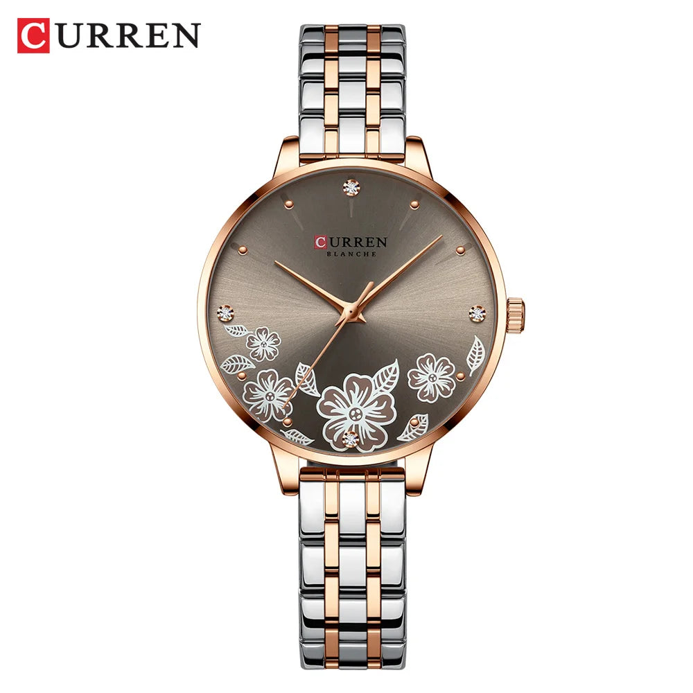 CURREN Fashion Quartz Wristwatches for Women Simple Stainless Steel Watch Bracelet with Flower Design Dial