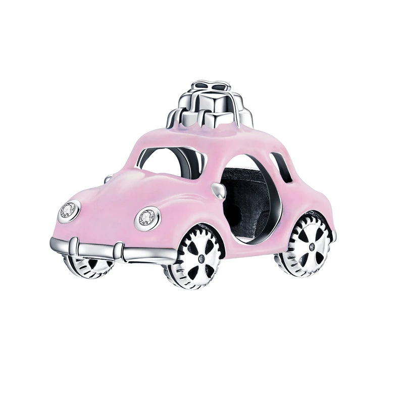 WOSTU 925 Sterling Silver Cartoon Bus Charm Beetle Car Bead Pink Bicycle Pendant Fit Bracelet Necklace Girl Birthday DIY Jewelry