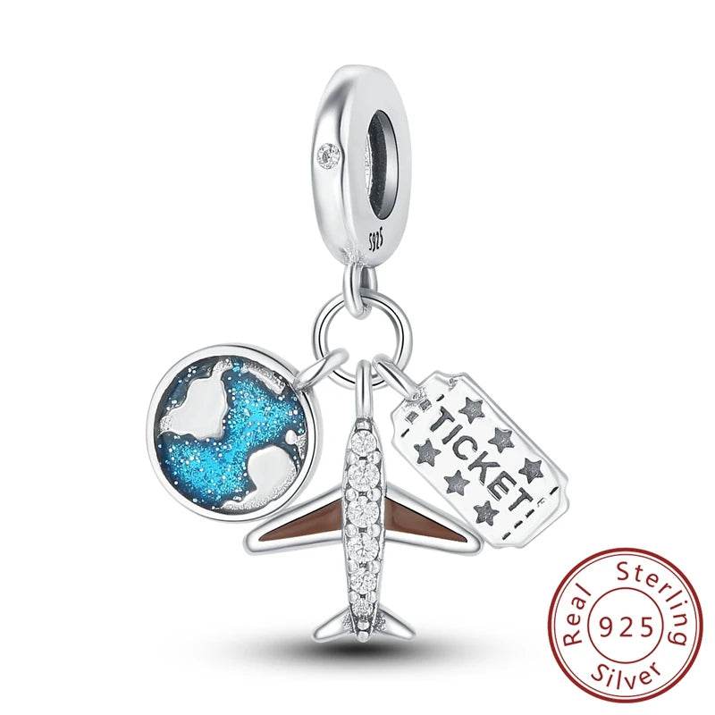 Original Charms Pendant Real S925 Sterling Silver Travel Luggage Airplane Charms Beads for Women Fine Jewelry Gift Making