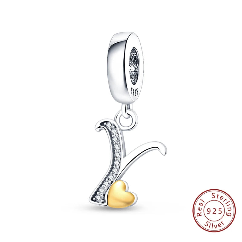 Classic 925 Sterling Silver 26 Gold Color Heart Zircon Letter A-Z Charms Beads Fit Original Bracelets DIY Birthday Jewelry Gift