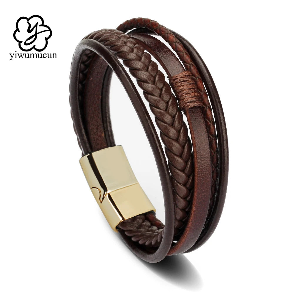 Trendy Leather Bracelets For Men Stainless Steel Bracelet 21CM Multilayer Braided Rope Bracelets for Male Jewelry Gifts - Madeinsea©