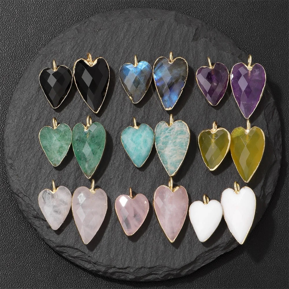 2PCS/lot Faceted Heart Shape Stone Pendant Natural Amethyst Rose Quartzs Labradorite Love Charms For Jewelry Making Necklace DIY