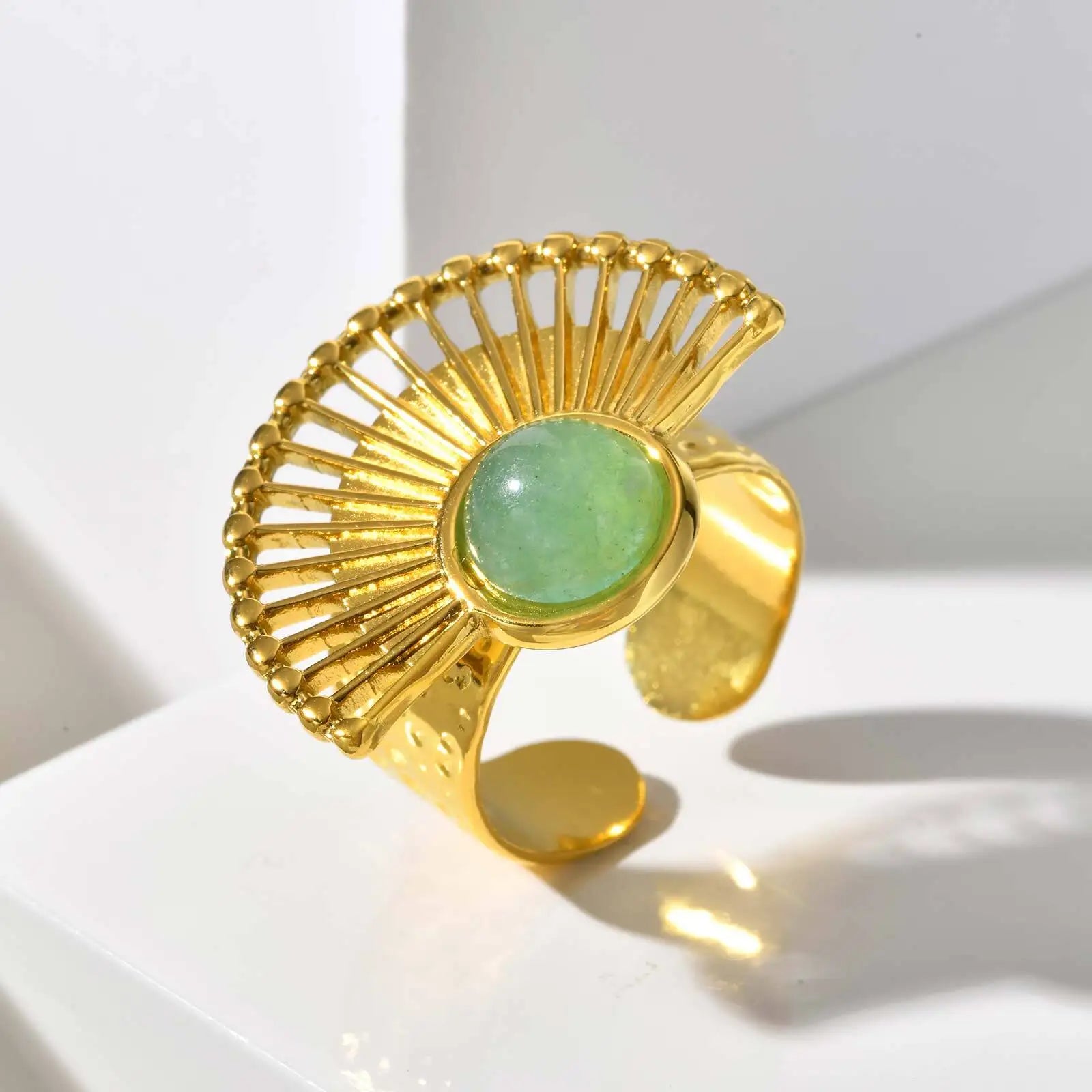 Vnox Brown Stone Eye-shaped Stainless Steel Rings Irregular Opening Trendy Rings  For Women Stone Finger Jewelry Never Lose