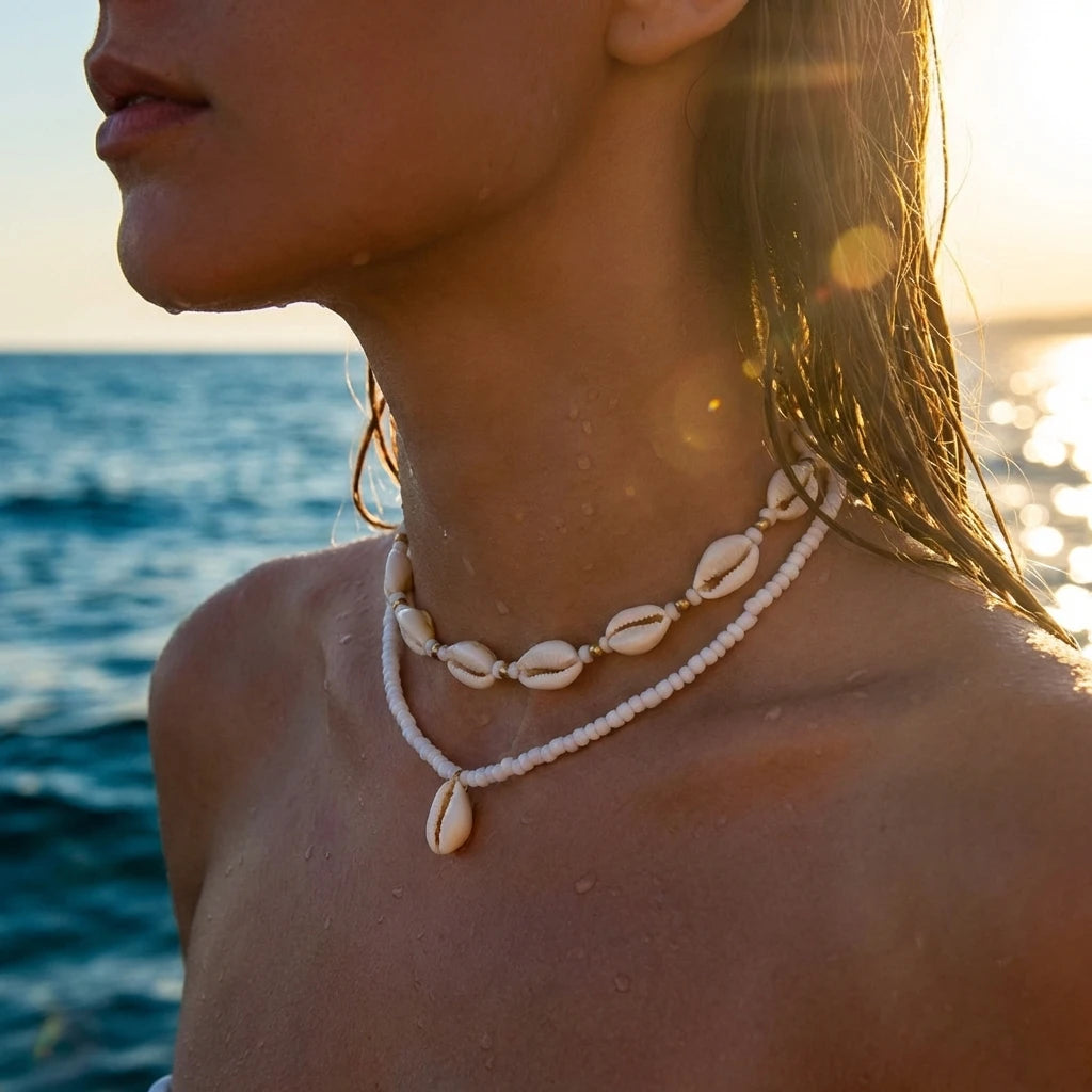 Bohemian Double Layer Seashell Necklaces For Women Handmade White Rice Beads Shell Short Collar Choker Beach Party Neck Jewelry
