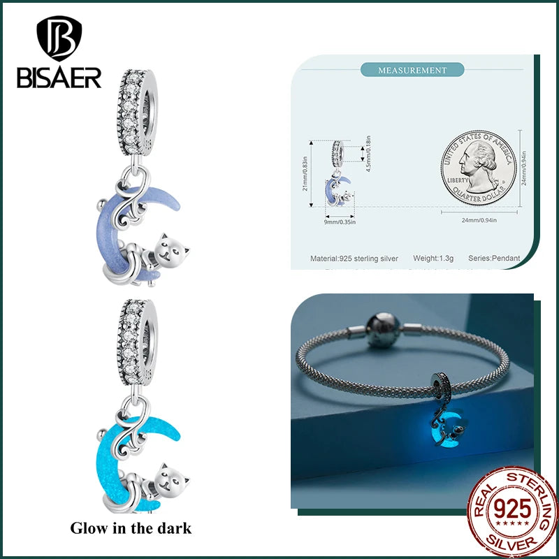 BISAER 925 Sterling Forever Luminous Star Wishing Bottle Charm Bead Moon Cat Owl Pendant Fit Women DIY Bracelet Fine Jewelry