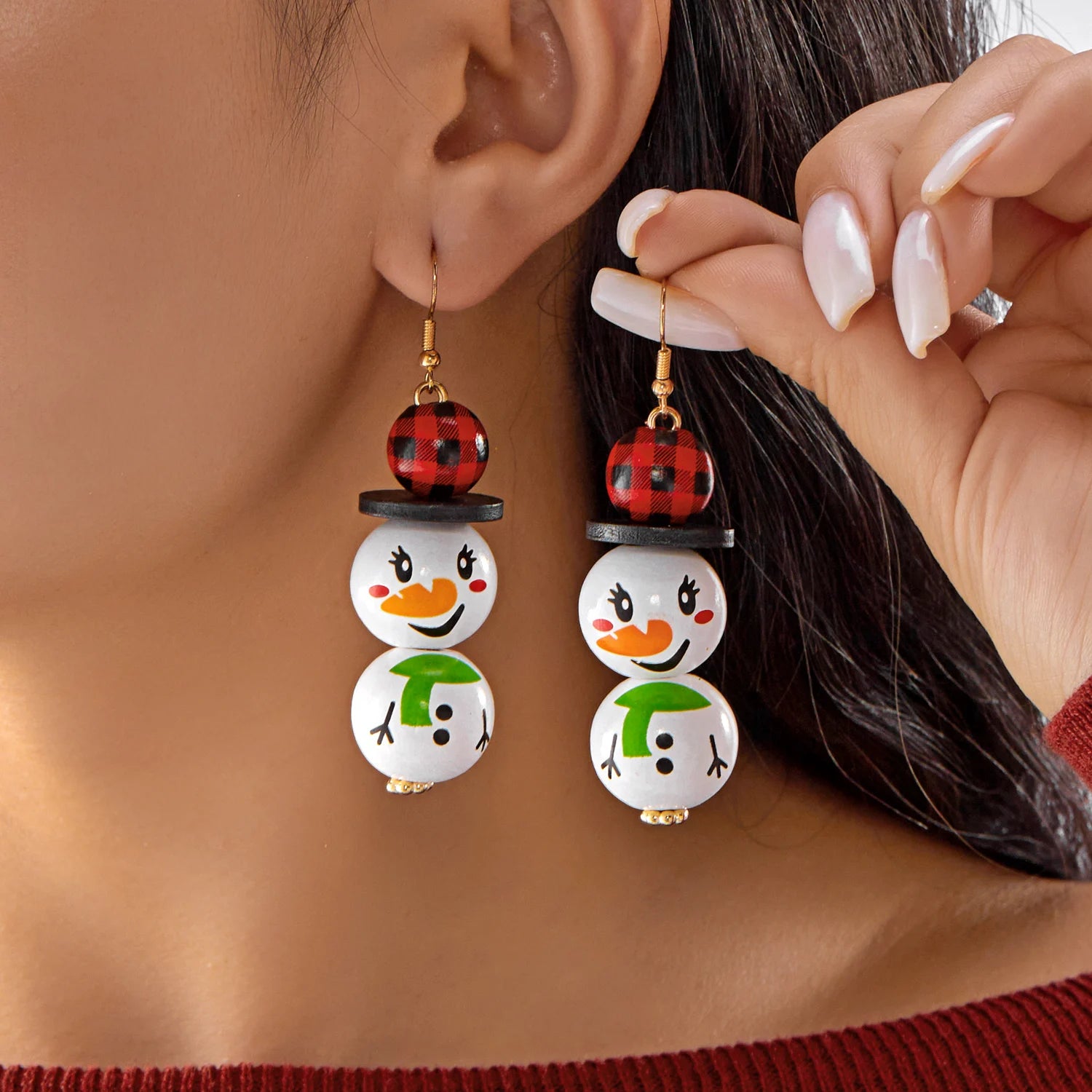 Cartoon Wooden Snowman Dangle Earrings For Women Wear A Hat Cute Santa Claus Wood Beads Earring Christmas Party New Year Gifts