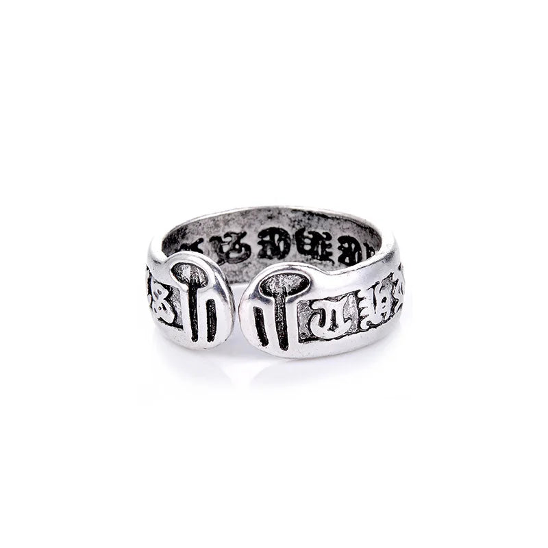 Retro Six Word Admonition Ring For Men Punk Gothic Rock Hiphop Open Ring Unisex Accessories Handmade Designer Jewelry Bless Gift