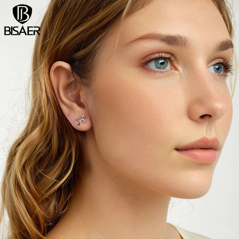 BISAER Solid 925 Sterling Silver Bow Stud Earrings Bowknot Hypoallergenic Stud Ear Plated Gold for Romantic Women Fine Jewelry