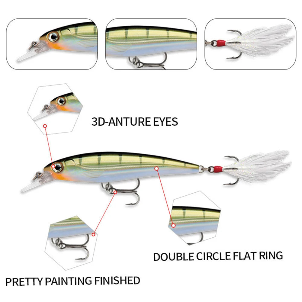 9.5cm 13g Fishing Lure Minnow Wobbler Floating Laser Artificial Hard Bait Feather Built-in Steel Ball Jerkbait Trout Bass Decoy