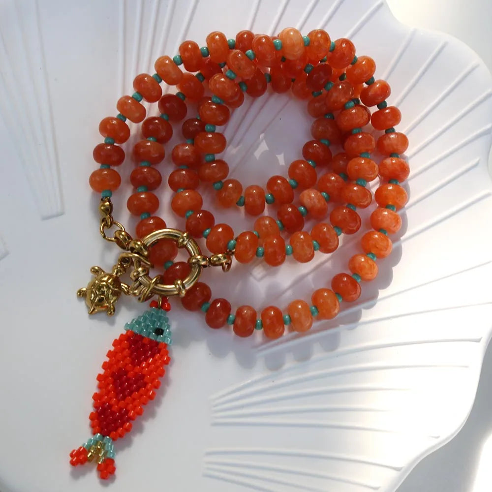 Bohemian Ocean Series hand-woven colorful fish pendant elegant and grand natural stone beaded necklace for girl go to beach