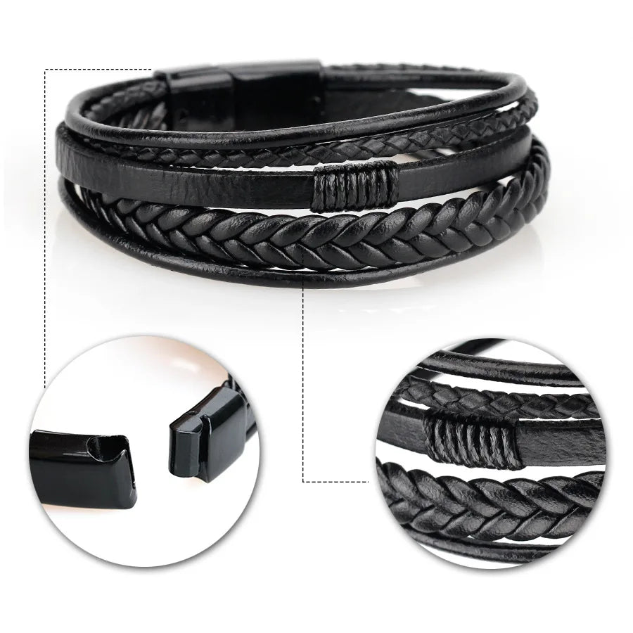 Trendy Leather Bracelets For Men Stainless Steel Bracelet 21CM Multilayer Braided Rope Bracelets for Male Jewelry Gifts - Madeinsea©