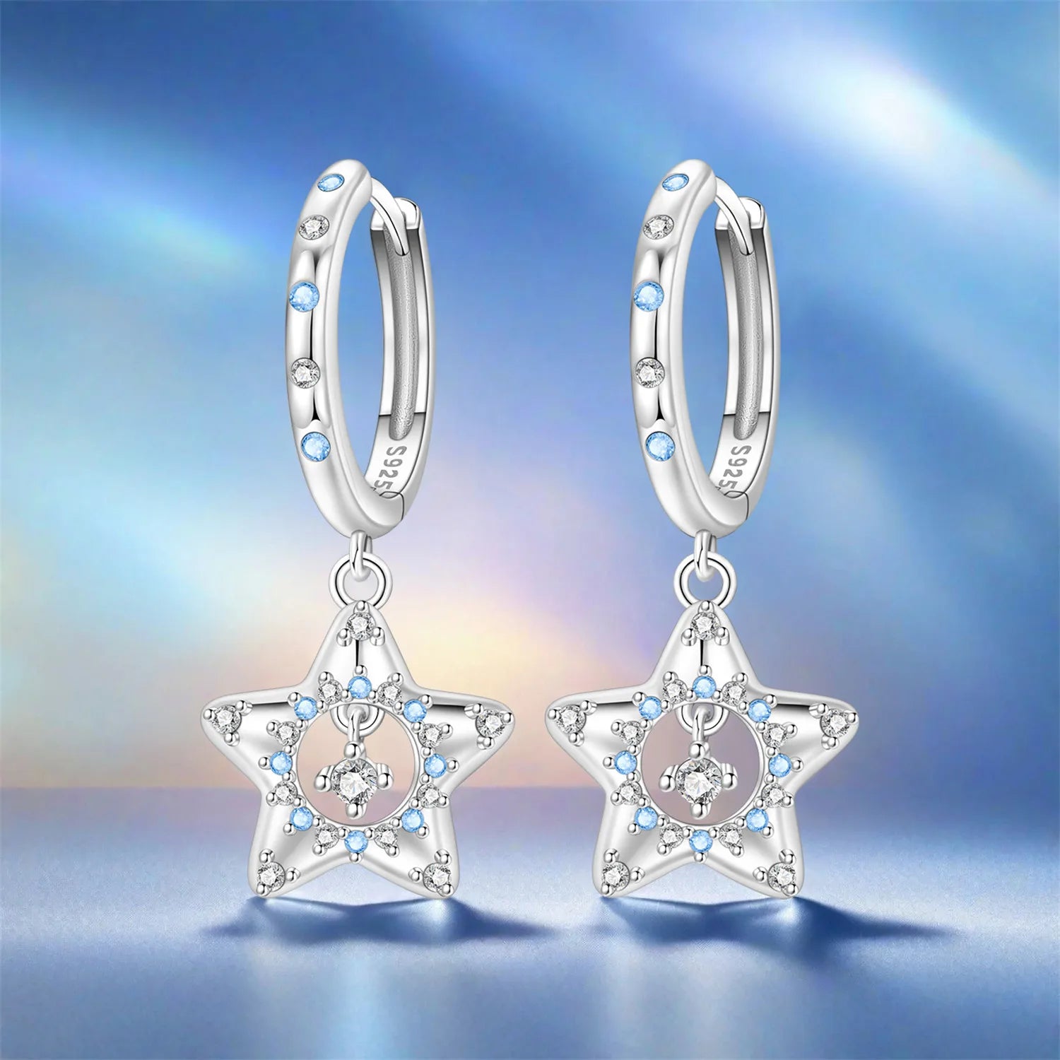 PANPOKI 925 Sterling Silver Sparkling Blue Zircon Star Drop Earrings Women Earrings Charm Fashion Versatile Party Jewelry Gifts