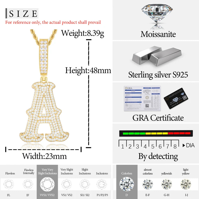 TUHE Unisex letter Pendants Necklaces Ice Out  Moissanite  Pendants 925 Silver For Men Women Jewelry Gifts