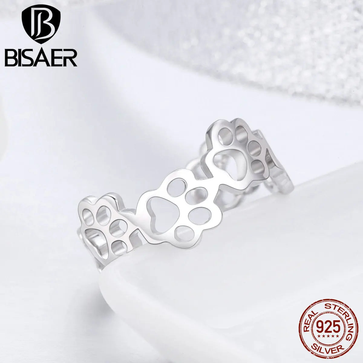 BISAER 925 Sterling Silver Paw Print Open Ring Hollow Pet Paws Band Adjustable Size 5-9 for Women Party Original Fine Jewelry