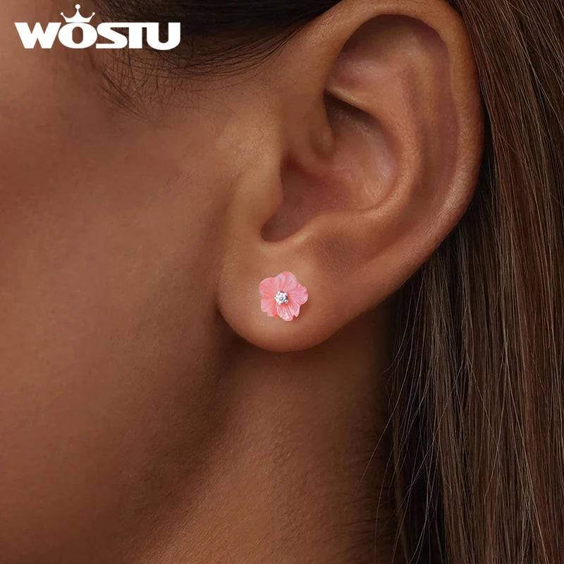 WOSTU Real 925 Sterling Silver Natural Pink Shell Flower Earrings 18K Gold Mini Sakura Flower Studs Party Wedding jewelry Gift
