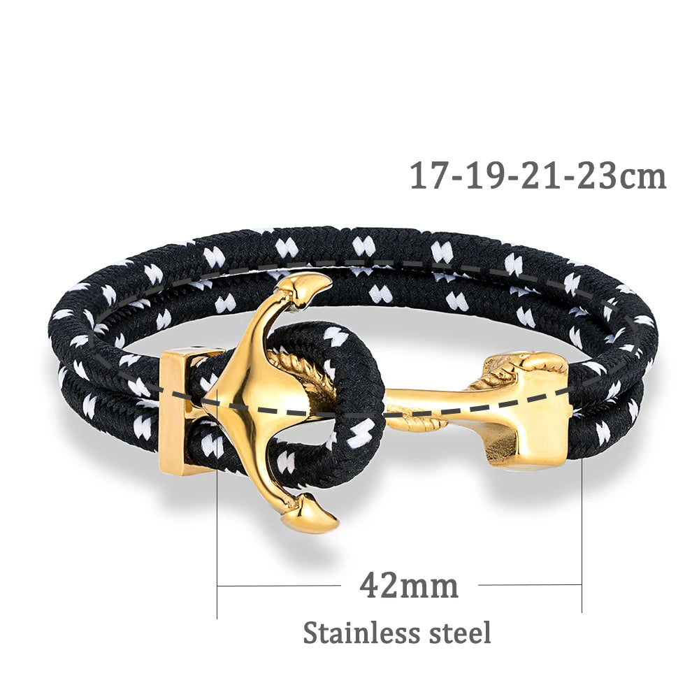 MKENDN Anker-Armbänder Herren Doppelsträngiges nautisches Surfer-Armband aus wasserdichtem Nylonseil Damen vergoldetes 316L Sport-Schließe