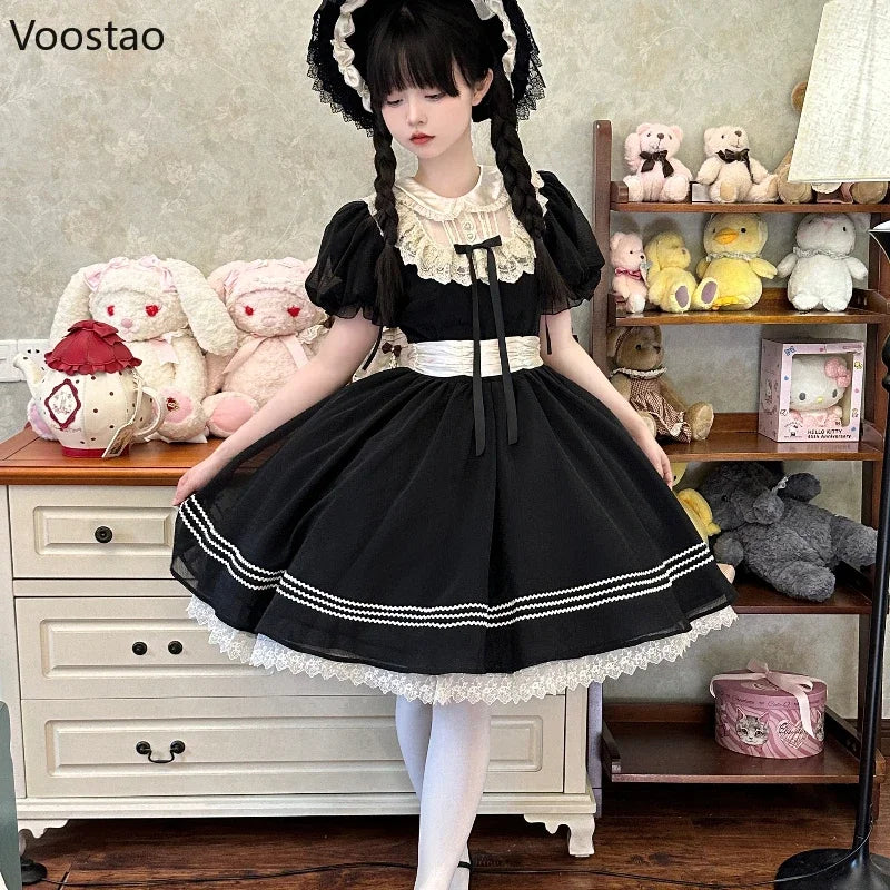 Elegant Kawaii Lolita Princess Dress Women Harajuku Sweet Bow Lace Ruffles Black Mini Dresses Japanese Gothic Y2k Party Dress