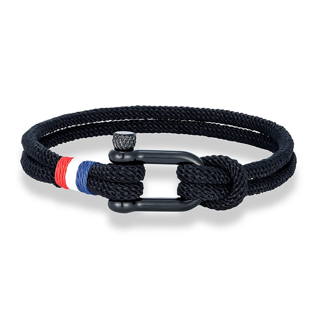 MKENDN Stainless Steel U-Shape Shackle Buckle Bracelet Men Women Handmade Woven Double-Layer Design France Flag Couple Jewelry