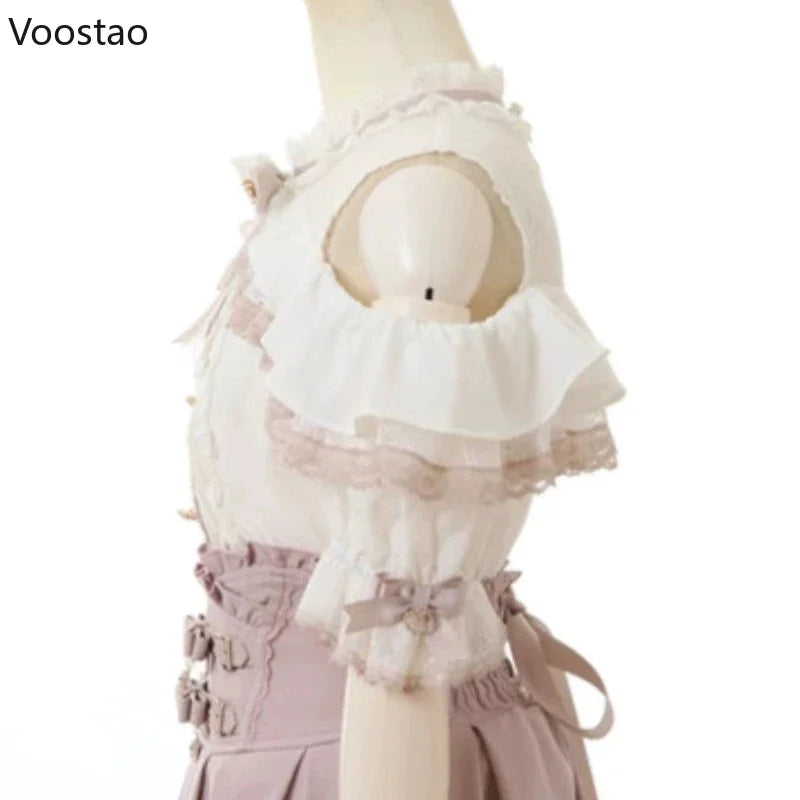 Japanese Sweet Lolita Blouses Women Elegant Love Heart Bow Off Shoulder JK Shirt Girls Casual Lace Ruffles Blusas Mujer Tops