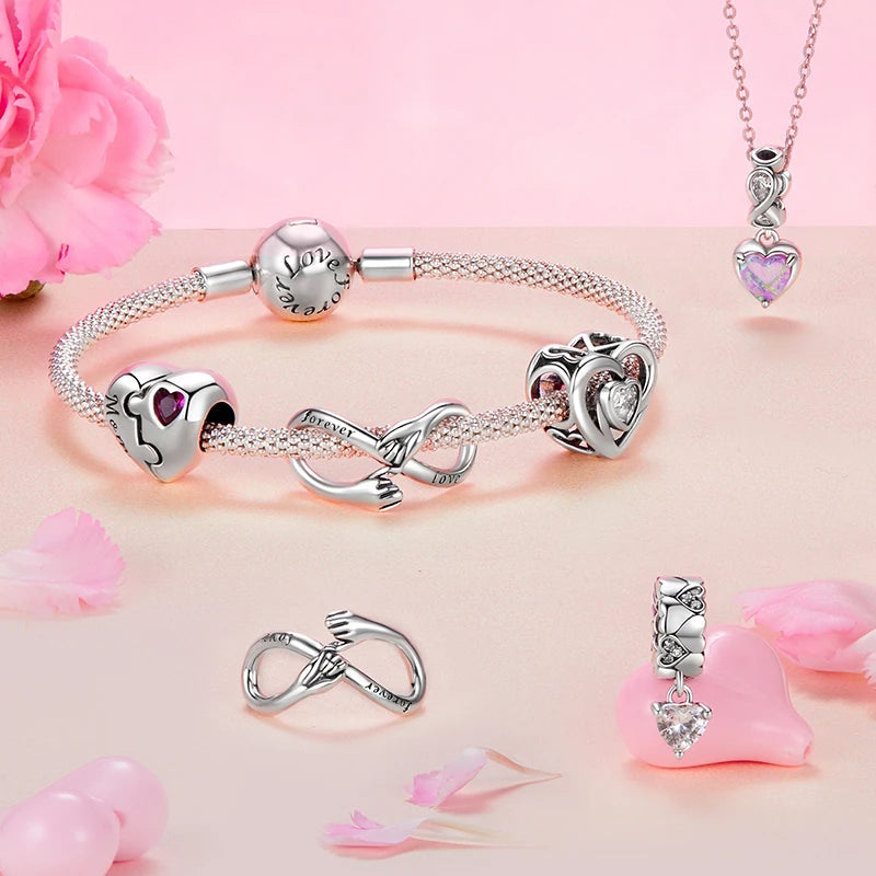 WOSTU Mom's Jewelry Gift 925 Sterling Silver Pink Opal Inifinite Love Charm Pendant Heart Puzzle Beads Fit Bracelet DIY Making