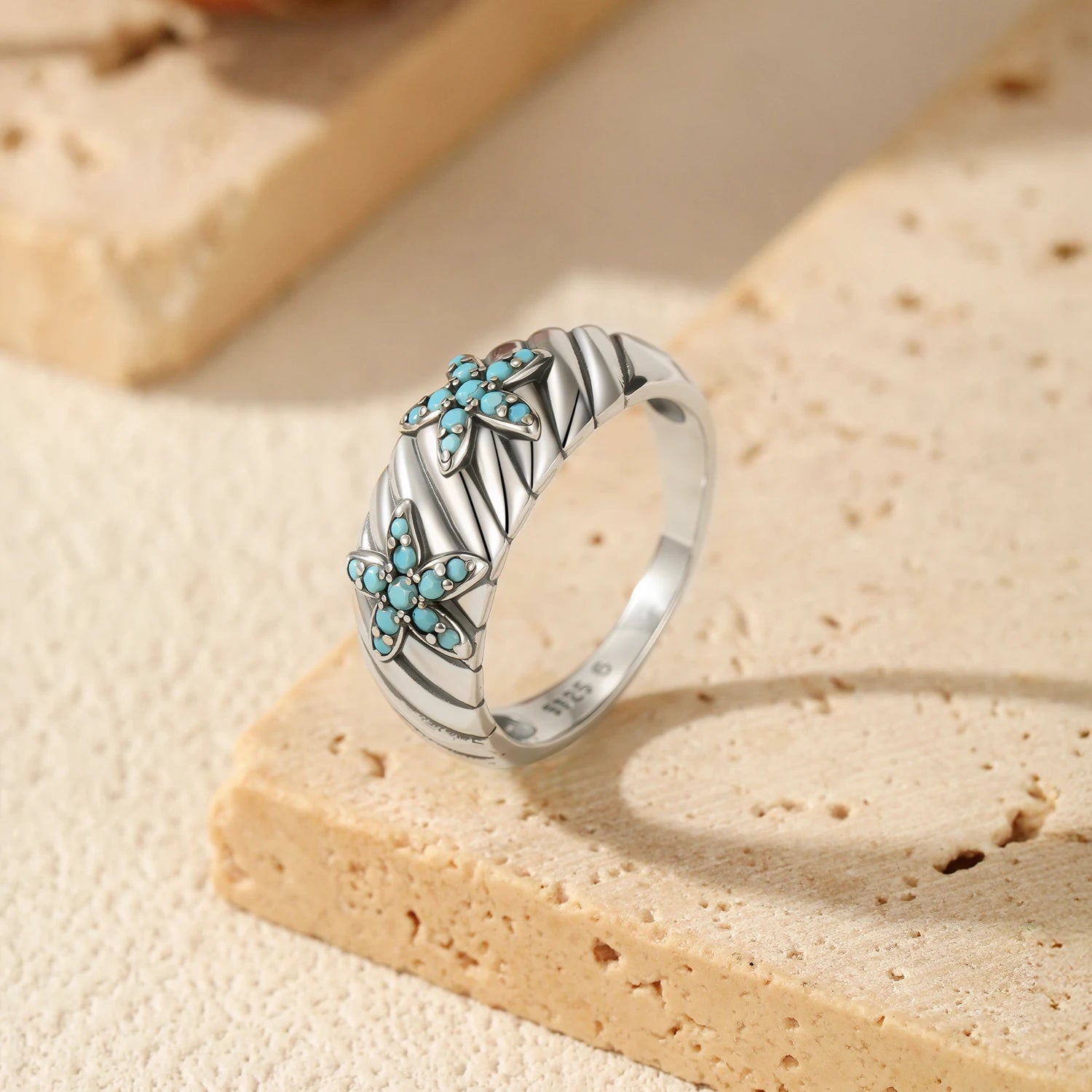 MODIAN 925 Sterling Silver Retro Gully Texture Design Wide Rings Turquoise Starfish Finger Rings For Women Fine Jewelry Gifts