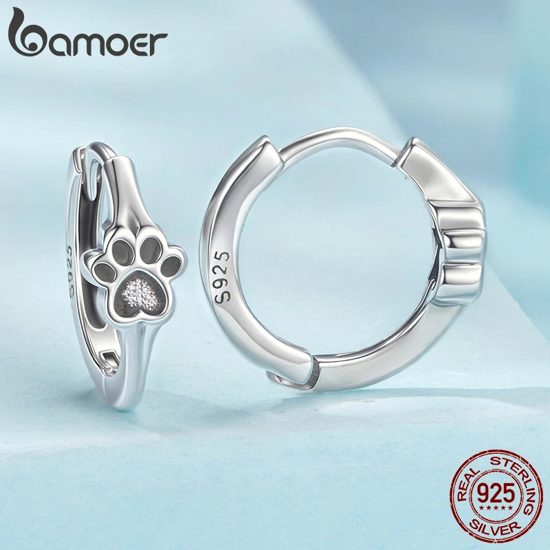 BAMOER Solid 925 Sterling Silver Pet Paw Hoop Earrings for Women Teens Pawprint Huggie Earrings Hoop SCE1885