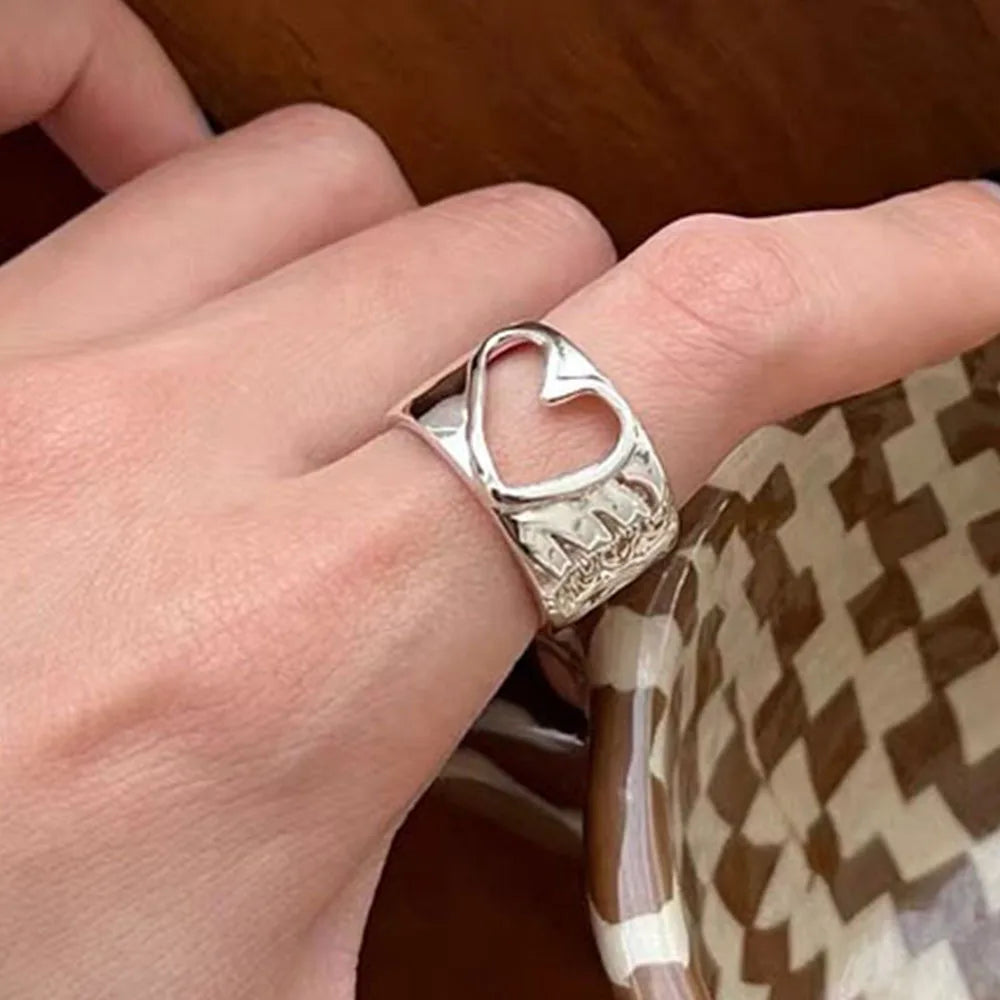 Bagues en argent sterling 925 BF CLUB pour femmes, bague ouverte minimaliste rétro en forme de cœur, bijoux fins