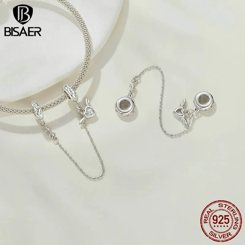 BISAER Breloque en forme de cœur en argent sterling 925 avec pendentif papillon de rêve et chaîne de sécurité pour bracelets à faire soi-même, bijoux fins, cadeau