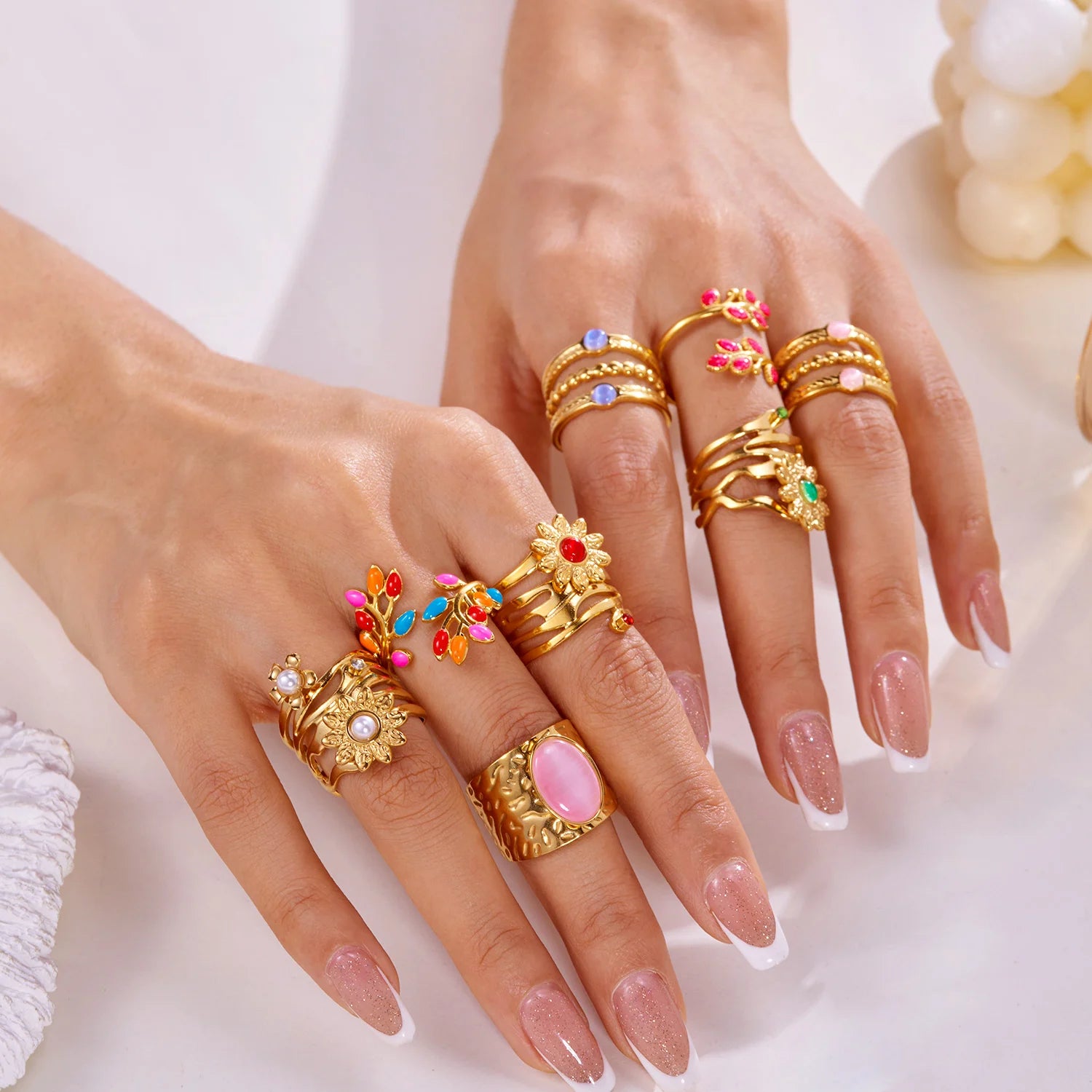 Gold Color Stainless Steel Ring for Women Colorful Leaf Daisy Flower Opal Opening Adjustable Finger Ring Wedding Jewelry Gift