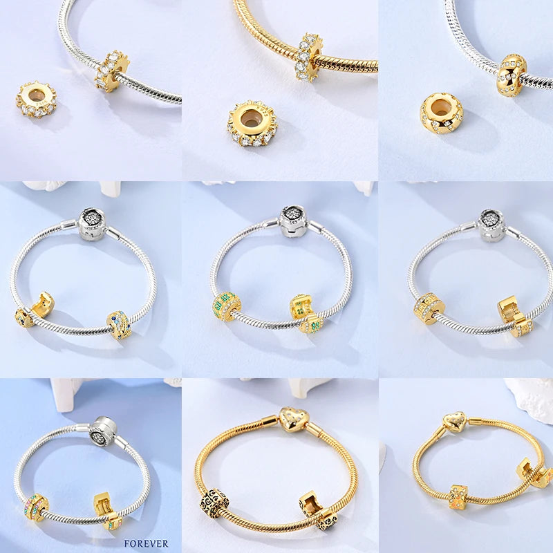 925 Sterling Silver Golden Charms CZ Zirconium Luggage Cross Traveling Dangle Bracelet DIY Jewelry Gifts for Women