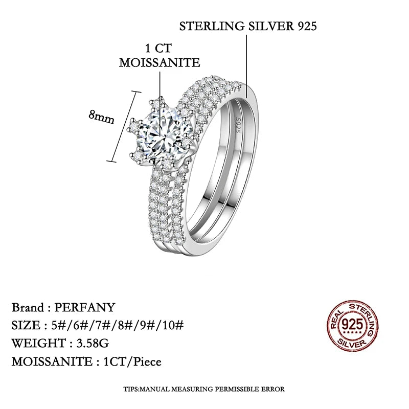 PERFANY 1CT Moissanite Ring for Women S925 Sterling Silver Wedding Jewelry Lab Diamond Set Bridal Accessories