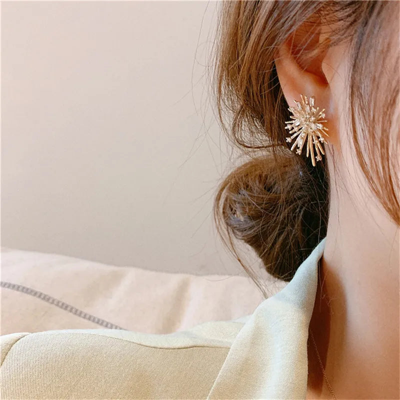 Sparking Snowflake Firework Stud Earrings For Women Girls Rhinestone Exquisite Zircon Piercing Earring Girls Party Charm Jewelry