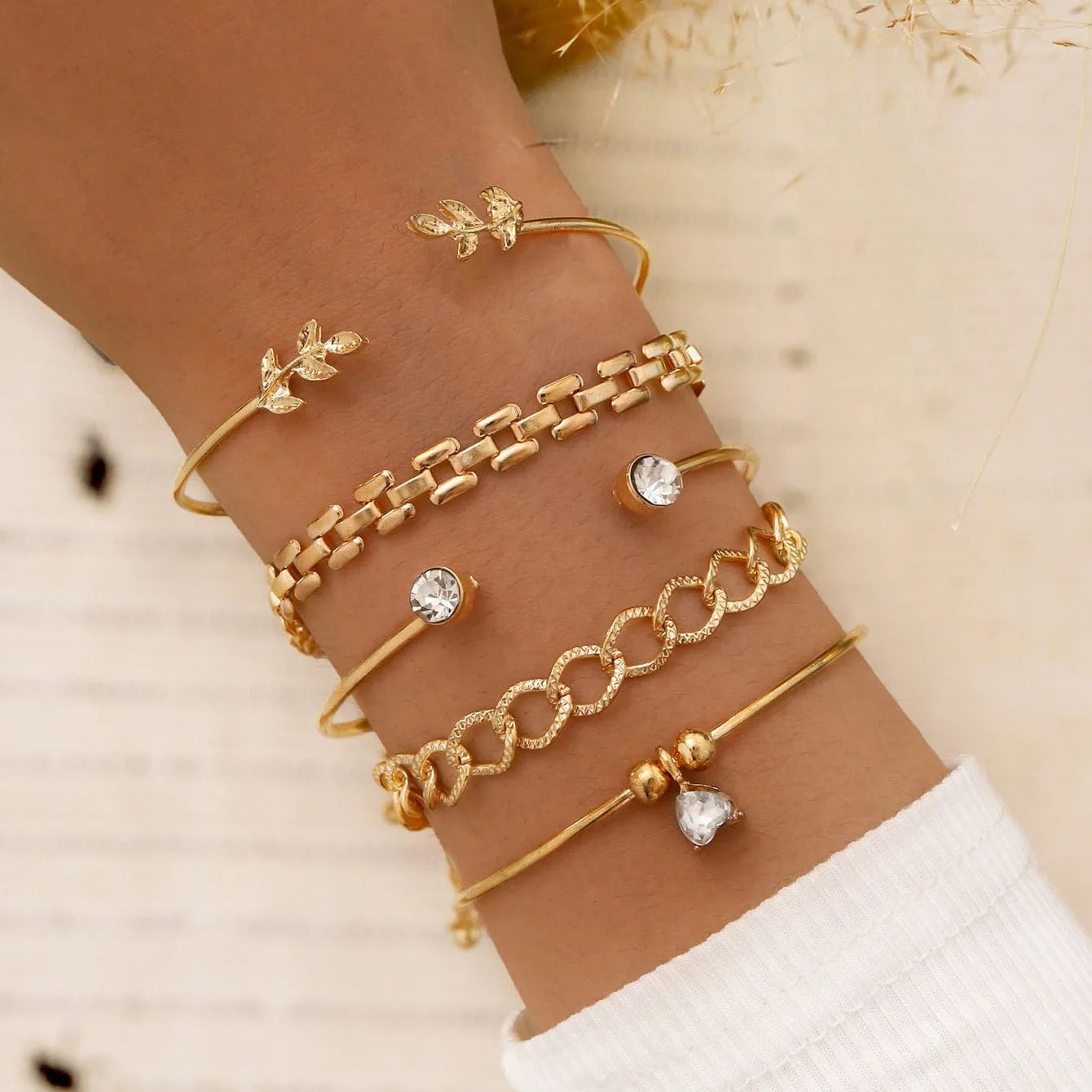 Trendy Geometric Link Chain Bracelet Set For Women Rhinestones Gold Color Leaves Heart Pendant Open Cuff Bangle Girls Jewelry - Madeinsea©