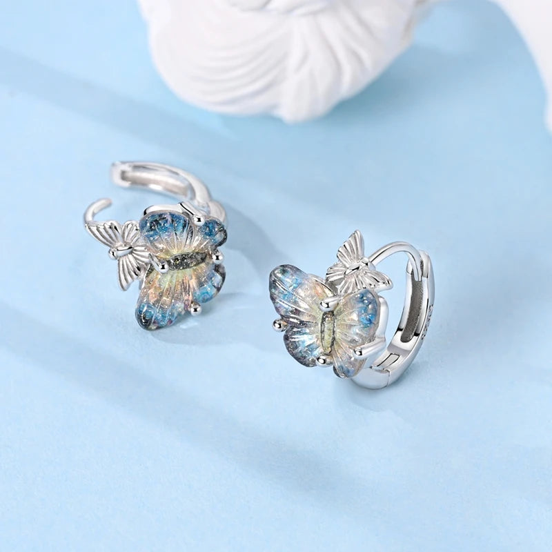 Simple Original 100% 925 Sterling Silver Sparkling Zircon Butterfly Liquid Metal Double Hoop Earrings For Women Wedding Jewelry