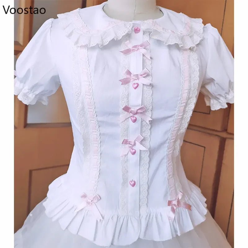 Lolita Shirt Women Preppy Style Bow Slim Blouses Cute Peter Pan Collar Lace Ruffles JK Shirts Girl Puff Sleeve Blusas Mujer Tops - Madeinsea©