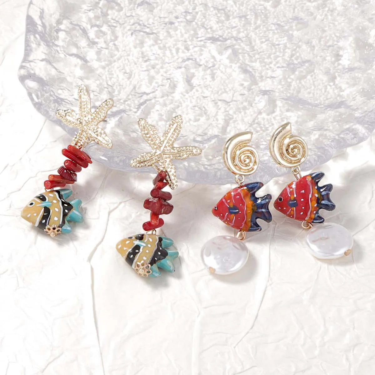 2025 New Alloy Sea Star Conch Colored Fish Long Earrings