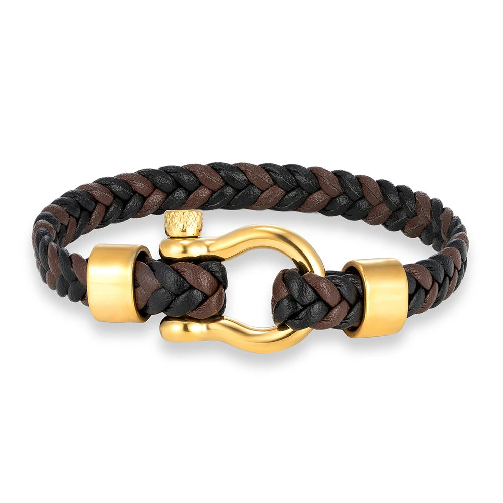MKENDN Gold Color Stainless Steel Shackle Bracelet Simple Lucky Red Braided Leather Bracelets for Men Women Handmade Jewelry