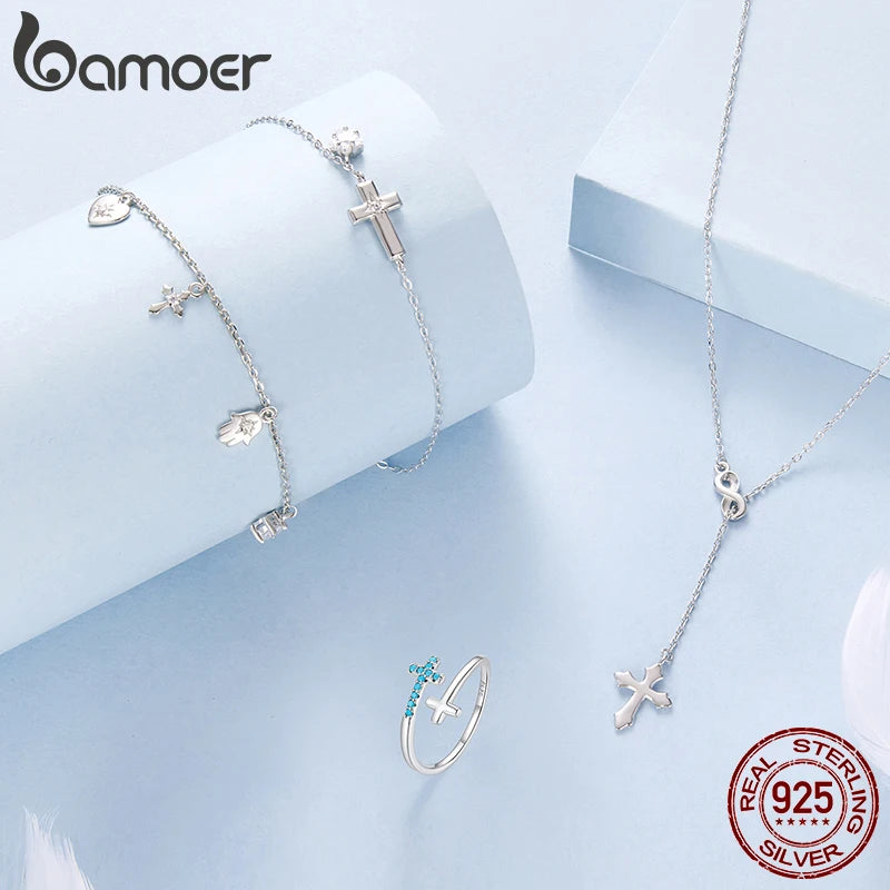 BAMOER  Corss Pendant Necklace Infinite Love Choker Y Chain Link for Women Girls 925 Sterling Silver Eternal Faith Jewelry Gift