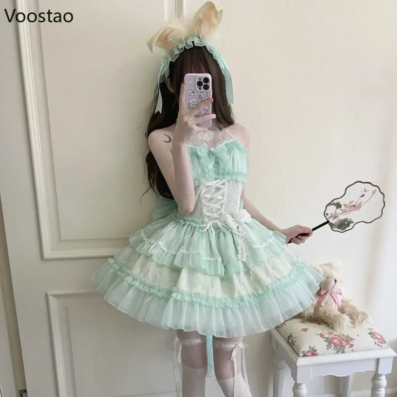 Japanese Gothic Lolita Princess Dress Women Kawaii Lace Ruffles Bow Bandage Slim Party Dresses Girls Y2k Elegant Cute Mini Dress