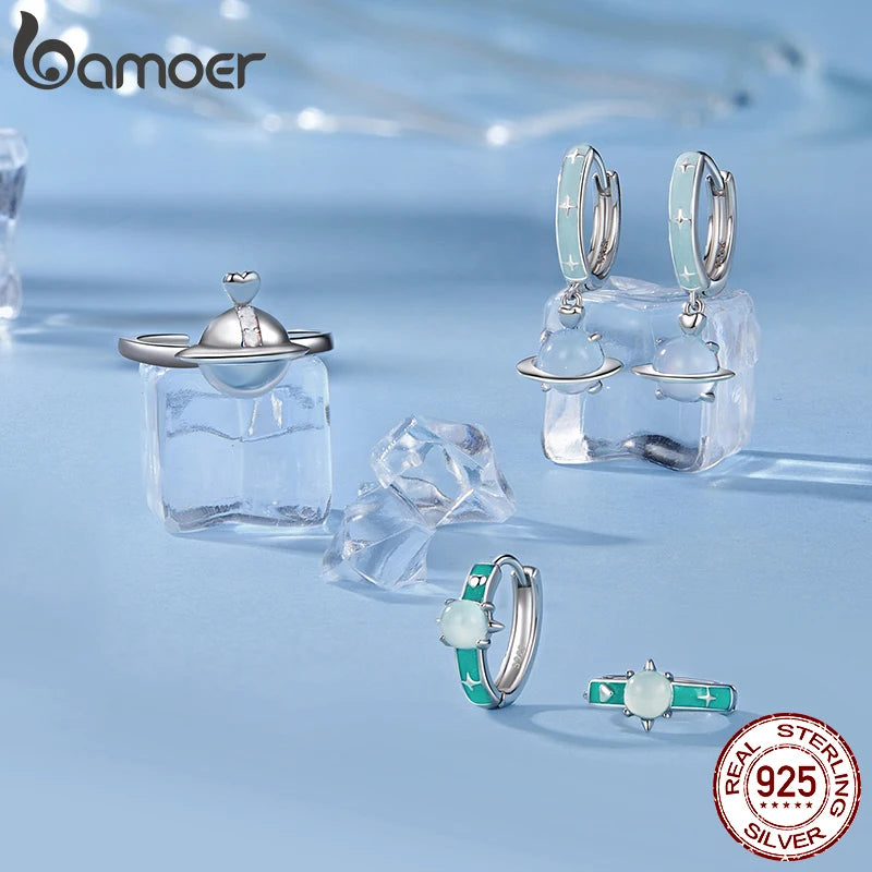BAMOER 925 Sterling Silver Blue Planet Hoops Earrings, Lightweight White Gold Plated Hoop Earrings for Women SCE1803