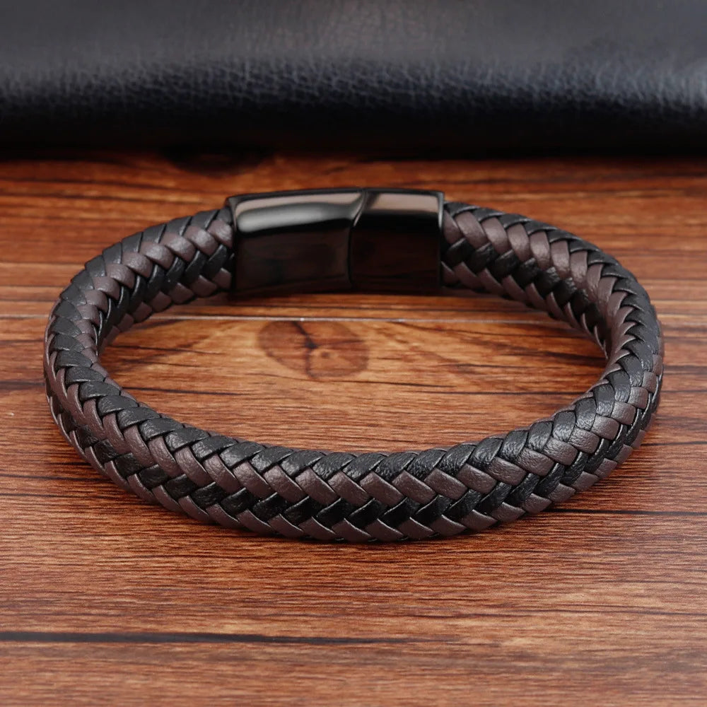 MKENDN Punk Men Braided Genuine Black Coffee Leather Bracelet Black Stainless Steel Magnetic Buckle Bracelet Gifts Homme Pulsera