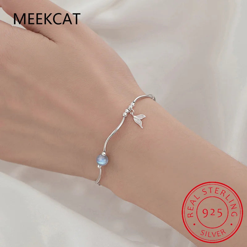 925 Sterling Silver Moonstone Mermaid Tail Bracelet Ins Female Friends Imitation Pearl Bracelet Accessories Wholesale DD-TB04